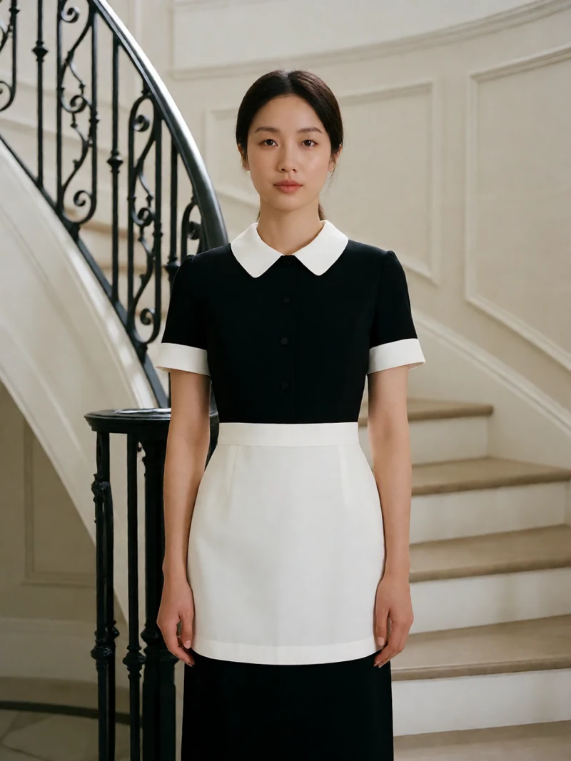 虚构成年女性穿不透明黑白制服居中站在现代豪宅楼梯前