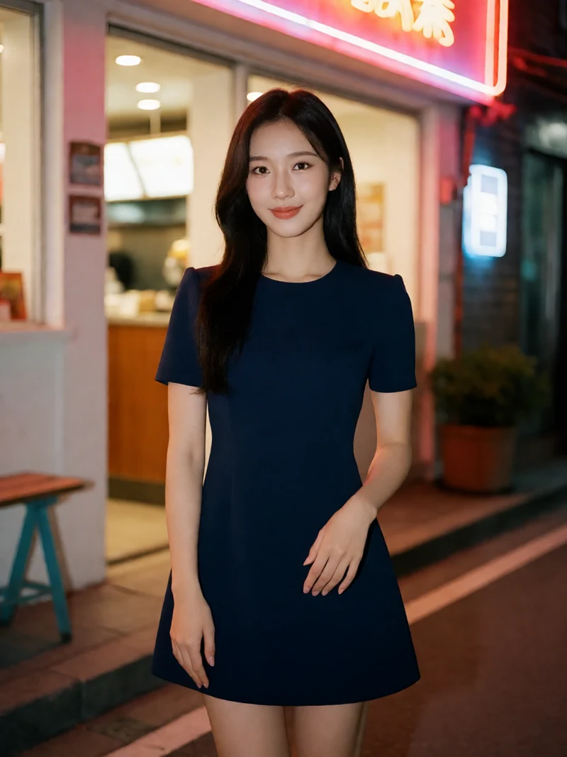 虚构成年女性穿不透明深蓝短裙居中站在夜间都市餐厅门前